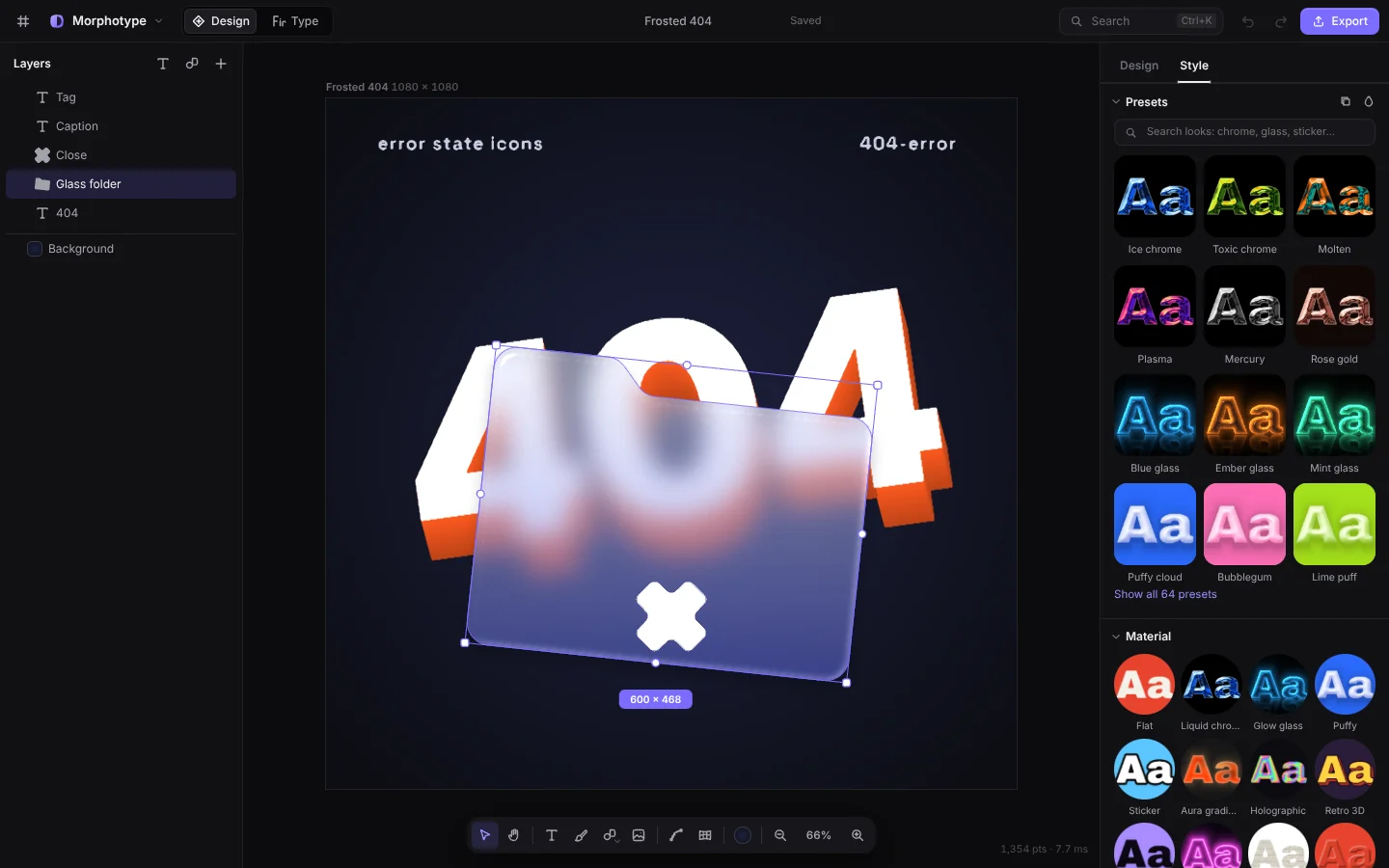 The Morphotype editor with a frosted glass folder over 3D 404 lettering